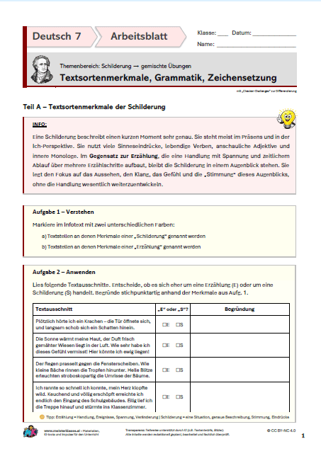 Textsortenmerkmale der Schilderung vs. Erzählung